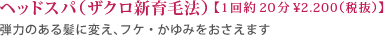 ヘッドスパ（ザクロ新育毛法）一回約20分、2000円（税抜）　弾力のある髪に変え、フケ・かゆみをおさえます